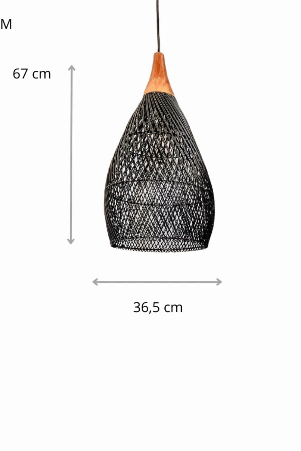 Blaxy Black Rattan Hanging Pendant Lamp with Teak Wood Accent, Handmade, 2 Sizes, M and L.