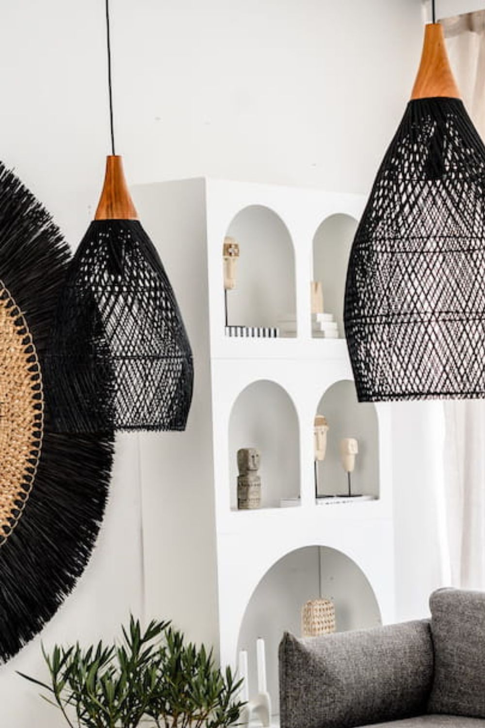 Blaxy Black Rattan Hanging Pendant Lamp with Teak Wood Accent, Handmade, 2 Sizes, M and L.