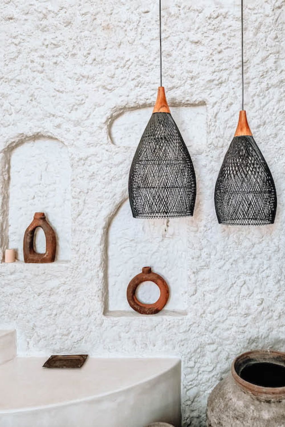 Blaxy Black Rattan Hanging Pendant Lamp with Teak Wood Accent, Handmade, 2 Sizes, M and L.