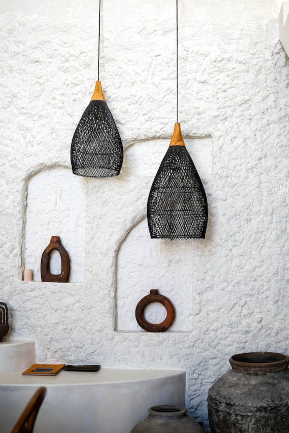 Blaxy Black Rattan Hanging Pendant Lamp with Teak Wood Accent, Handmade, 2 Sizes, M and L.