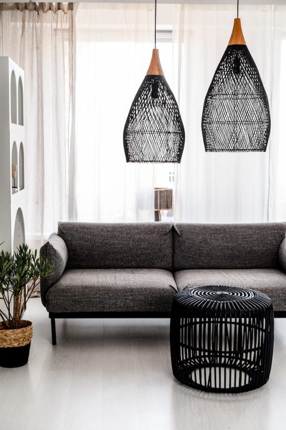 Blaxy Black Rattan Hanging Pendant Lamp with Teak Wood Accent, Handmade, 2 Sizes, M and L.