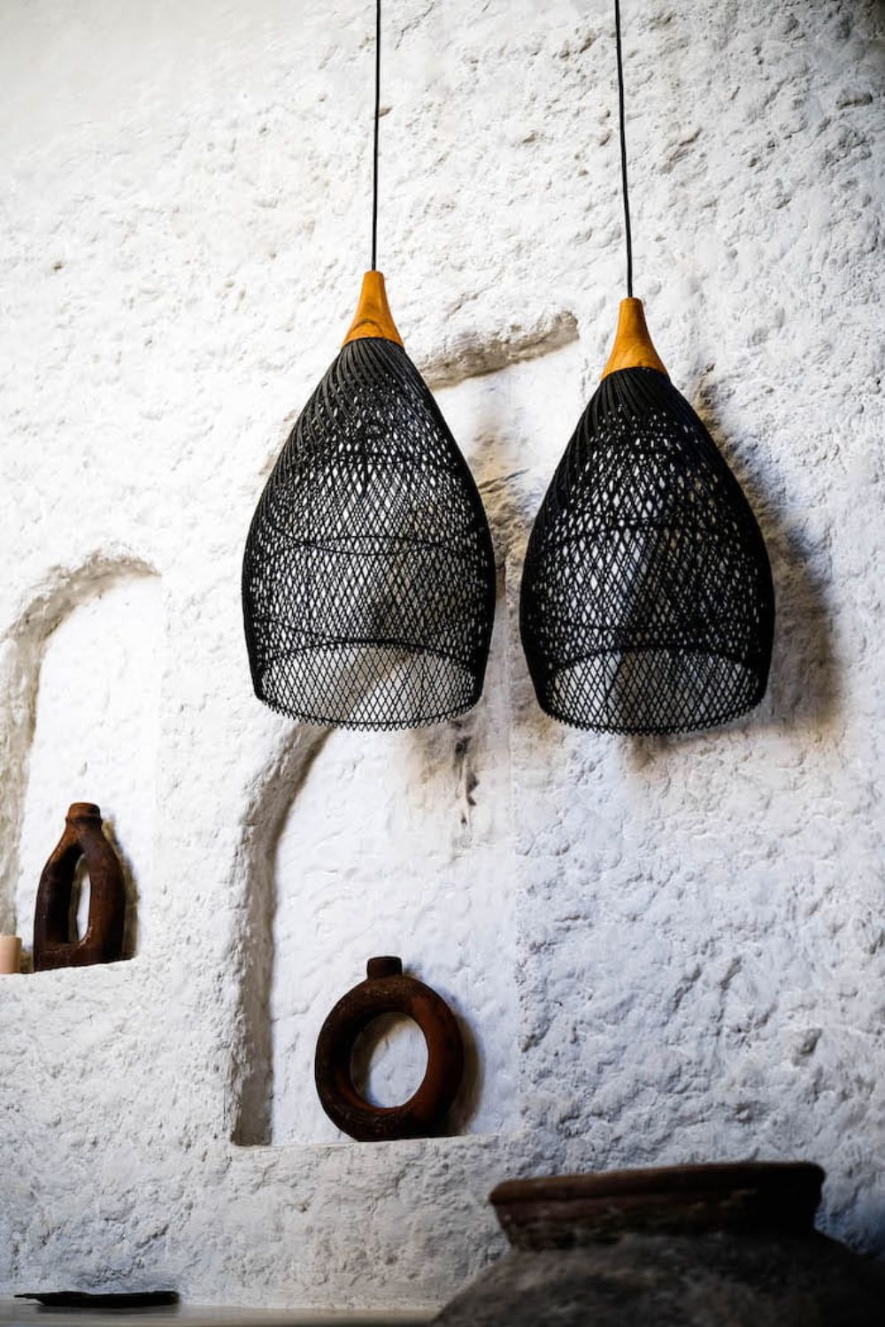Blaxy Black Rattan Hanging Pendant Lamp with Teak Wood Accent, Handmade, 2 Sizes, M and L.