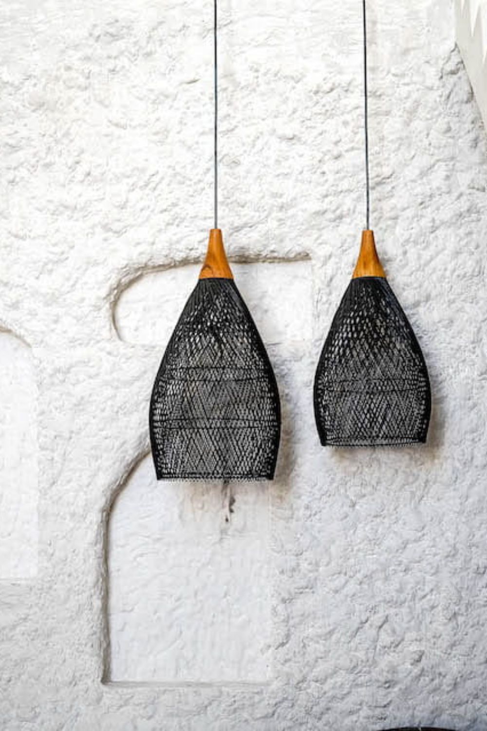 Blaxy Black Rattan Hanging Pendant Lamp with Teak Wood Accent, Handmade, 2 Sizes, M and L.