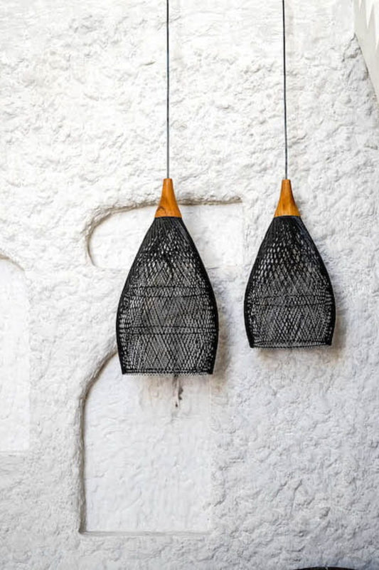 Blaxy Black Rattan Hanging Pendant Lamp with Teak Wood Accent, Handmade, 2 Sizes, M and L.