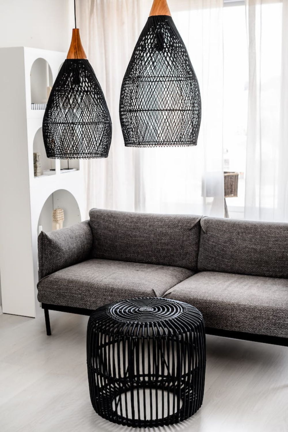 Blaxy Black Rattan Hanging Pendant Lamp with Teak Wood Accent, Handmade, 2 Sizes, M and L.