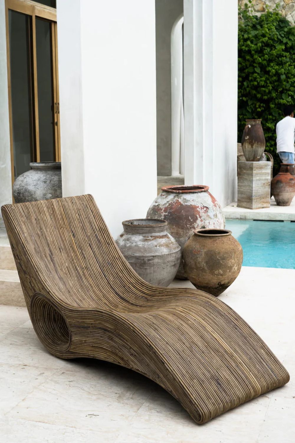 Eco-friendly brown rattan sun lounger - Tegal Camila Orianson sustainable handmade outdoor furniture for poolside and garden