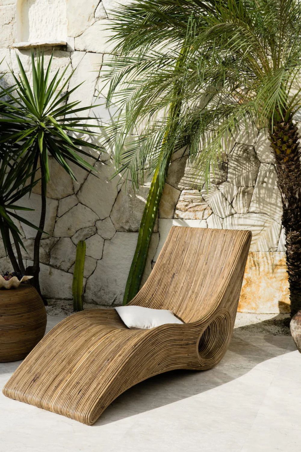 Eco-friendly brown rattan sun lounger - Tegal Camila Orianson sustainable handmade outdoor furniture for poolside and garden