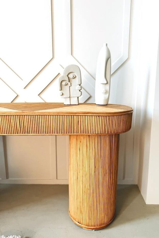 Coastal boho handmade natural rattan console table Kaca from the Tegal collection, perfect for living rooms, hallways, or entryways.