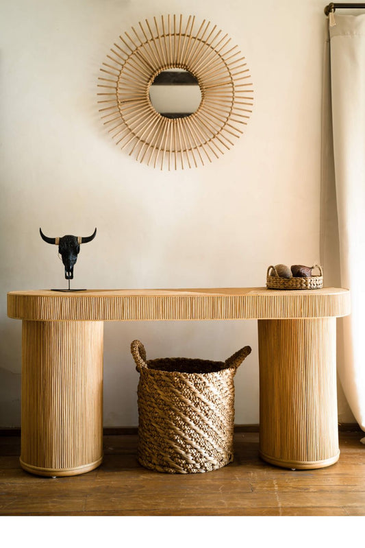 Coastal boho handmade natural rattan console table Kaca from the Tegal collection, perfect for living rooms, hallways, or entryways.