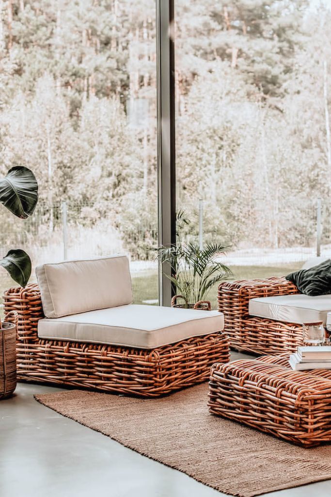 Handmade Ingka modular armchair in cognac rattan with thick weave, versatile as standalone chair or part of modular sofa for living room, terrace, or patio.