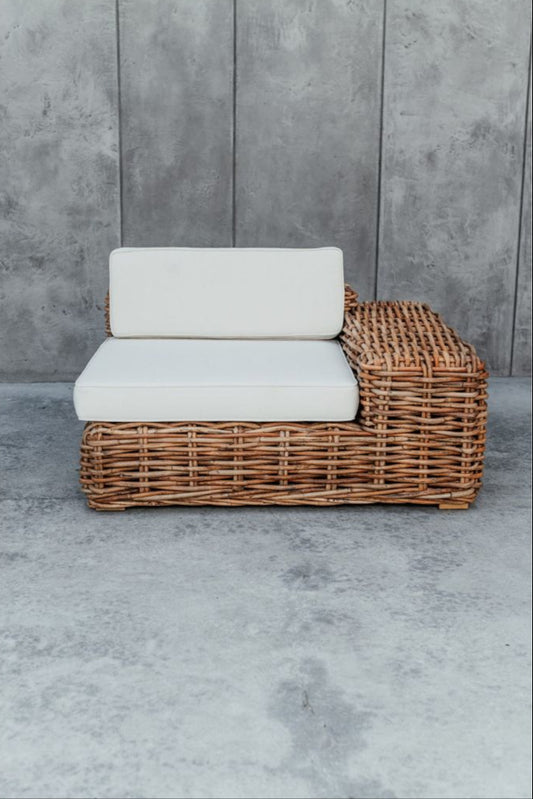 Handmade Ingka modular armchair in cognac rattan with thick weave, versatile as standalone chair or part of modular sofa for living room, terrace, or patio.