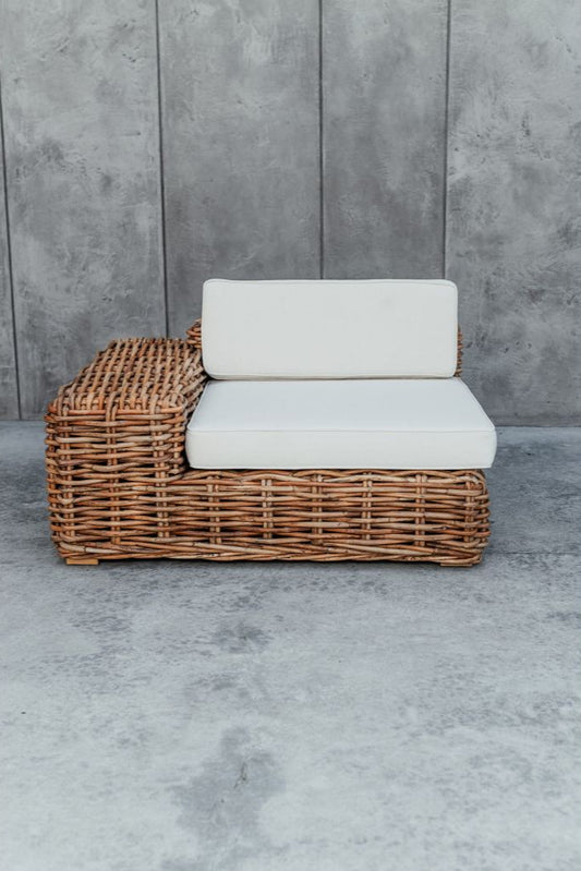 Handmade Ingka modular armchair in cognac rattan with thick weave, versatile as standalone chair or part of modular sofa for living room, terrace, or patio.