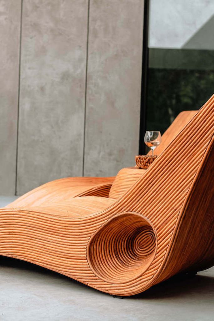 Eco-friendly cognac rattan sun lounger – Tegal Camila Orianson sustainable handmade outdoor furniture for poolside and garden