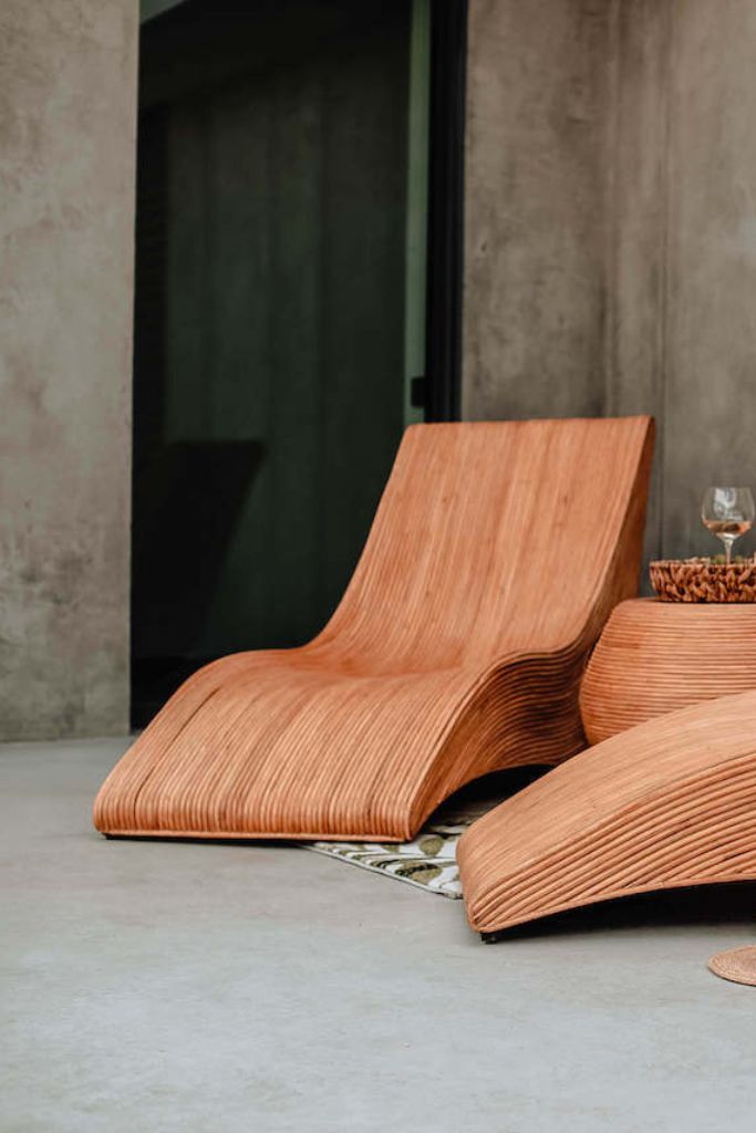 Eco-friendly cognac rattan sun lounger – Tegal Camila Orianson sustainable handmade outdoor furniture for poolside and garden