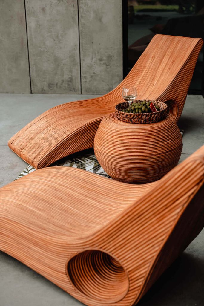 Eco-friendly cognac rattan sun lounger – Tegal Camila Orianson sustainable handmade outdoor furniture for poolside and garden
