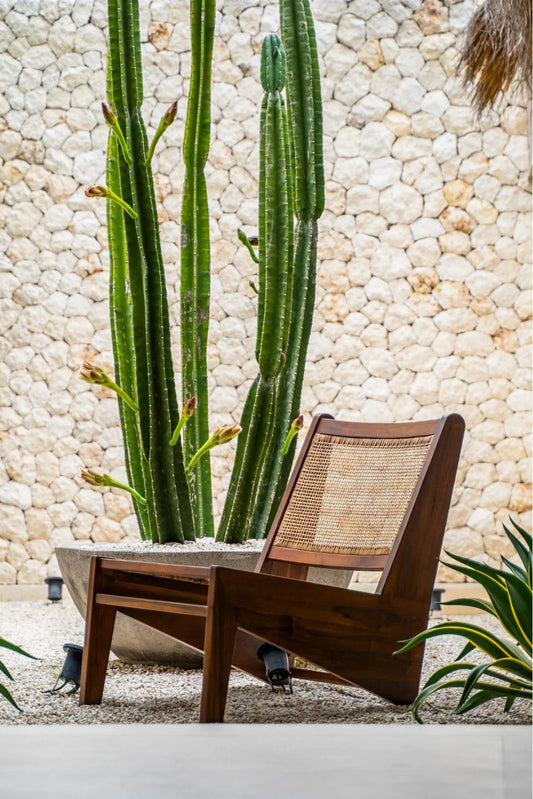 Elisha teak wood chair with handcrafted rattan seat and back, stylish and durable for indoor or outdoor use, perfect for dining rooms, patios, and living spaces.
