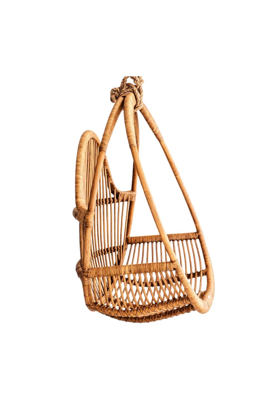 Henry single or double handmade durable cognac rattan hanging chair for indoor living rooms, covered terraces, patios, balconies, and outdoor gardens