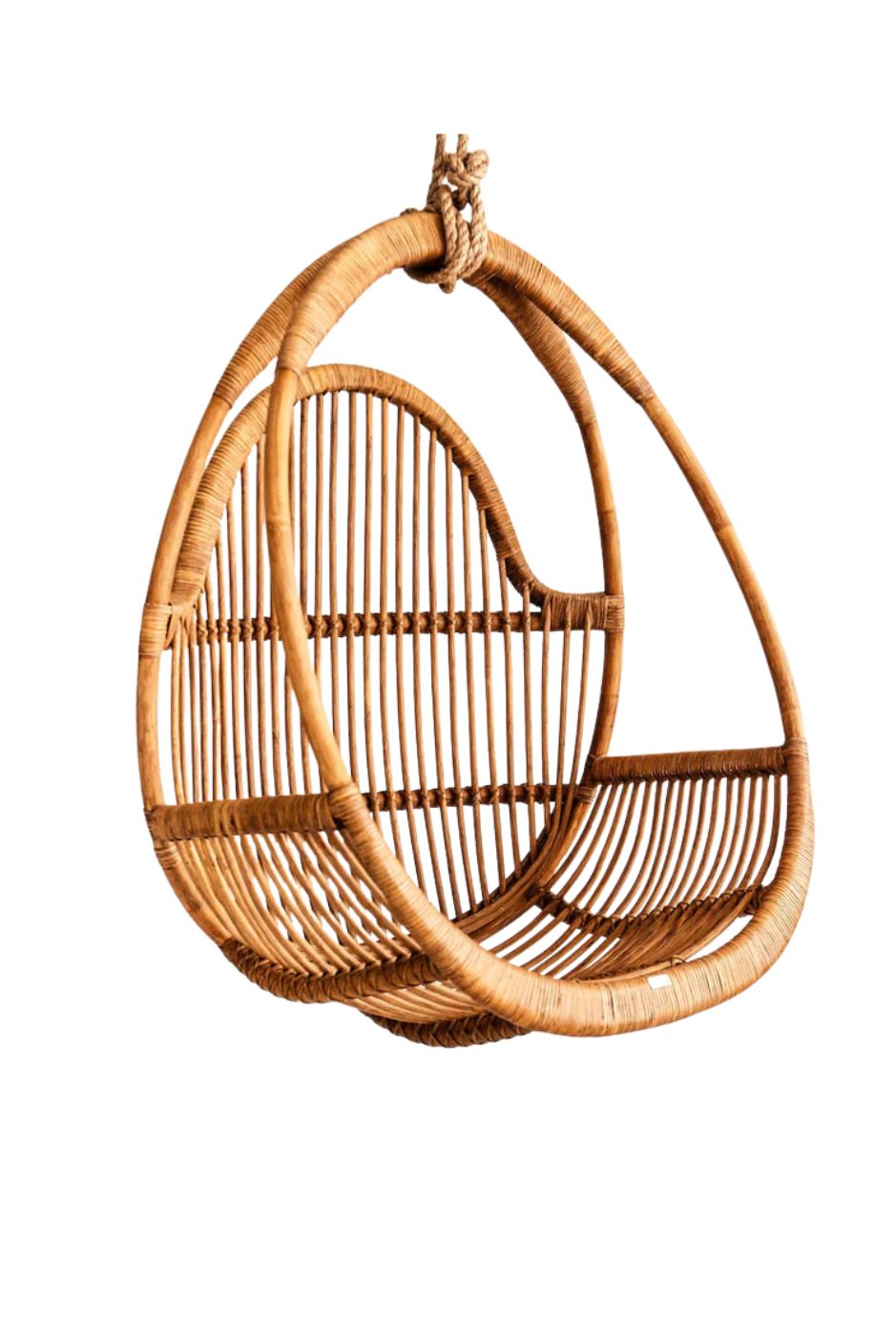 Henry single or double handmade durable cognac rattan hanging chair for indoor living rooms, covered terraces, patios, balconies, and outdoor gardens