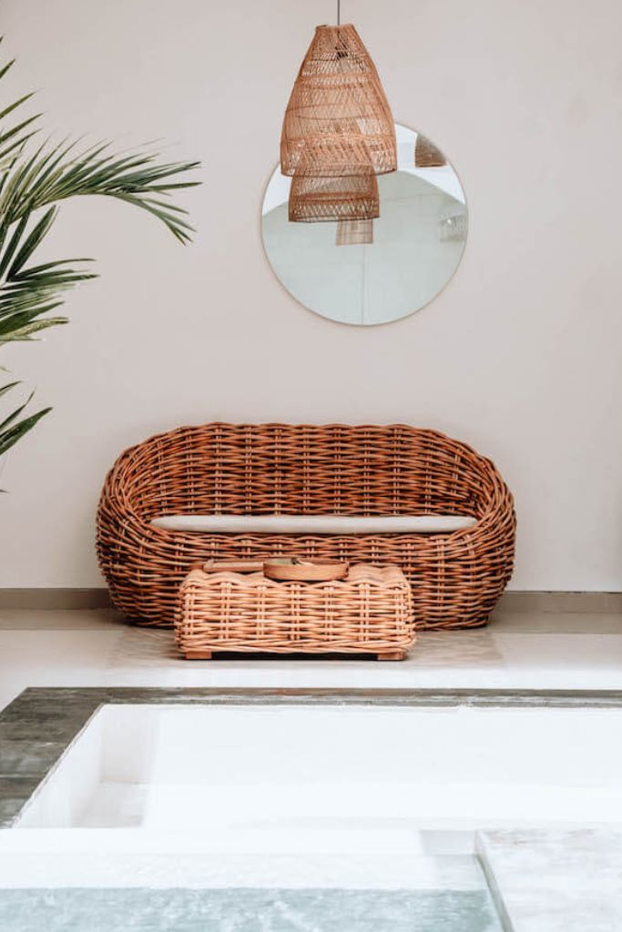 Ingka Helen cognac handmade rattan sofa with thick weave, modern minimalist design, perfect for living rooms, lounges, or cozy corners, durable and stylish contemporary furniture