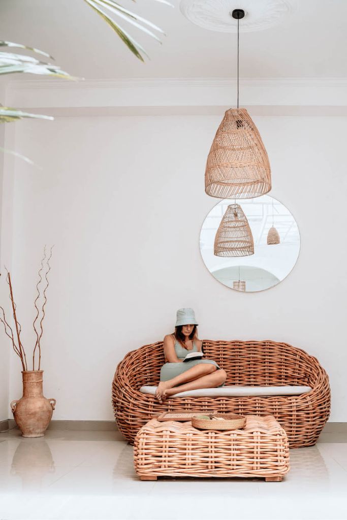 Ingka Helen cognac handmade rattan sofa with thick weave, modern minimalist design, perfect for living rooms, lounges, or cozy corners, durable and stylish contemporary furniture