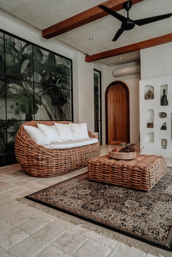 Ingka Helen cognac handmade rattan sofa with thick weave, modern minimalist design, perfect for living rooms, lounges, or cozy corners, durable and stylish contemporary furniture