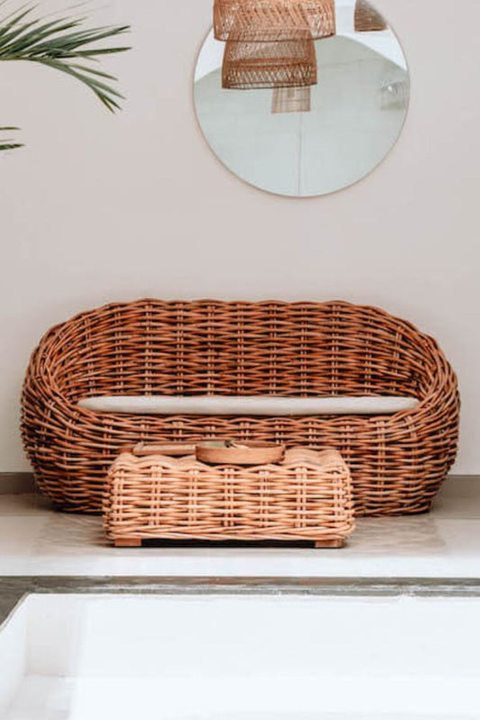 Ingka Helen cognac handmade rattan sofa with thick weave, modern minimalist design, perfect for living rooms, lounges, or cozy corners, durable and stylish contemporary furniture