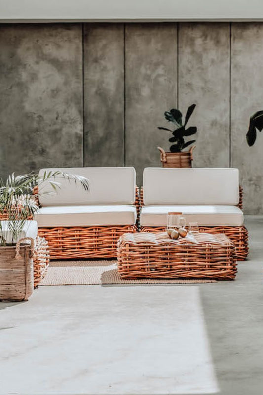 Ingka Tio Two in One cognac rattan pouffe, ottoman, and table with thick handmade weave, versatile modular sofa design for living rooms, lounges, and cozy spaces