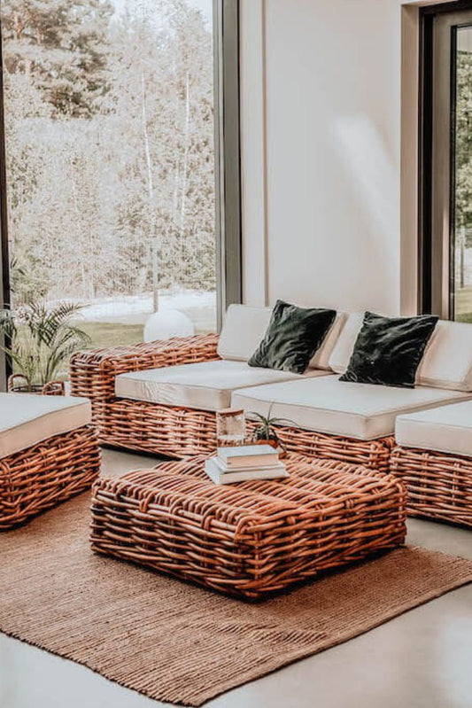 Ingka Tio Two in One natural rattan pouffe, ottoman, and table with thick handmade weave, versatile modular sofa design for living rooms, lounges, and cozy spaces