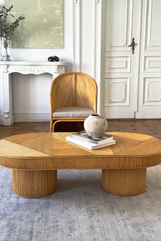 Handmade Tegal Isla natural oval rattan coffee table, eco-friendly, boho style, perfect for living rooms, TV rooms, and modern or coastal interiors.