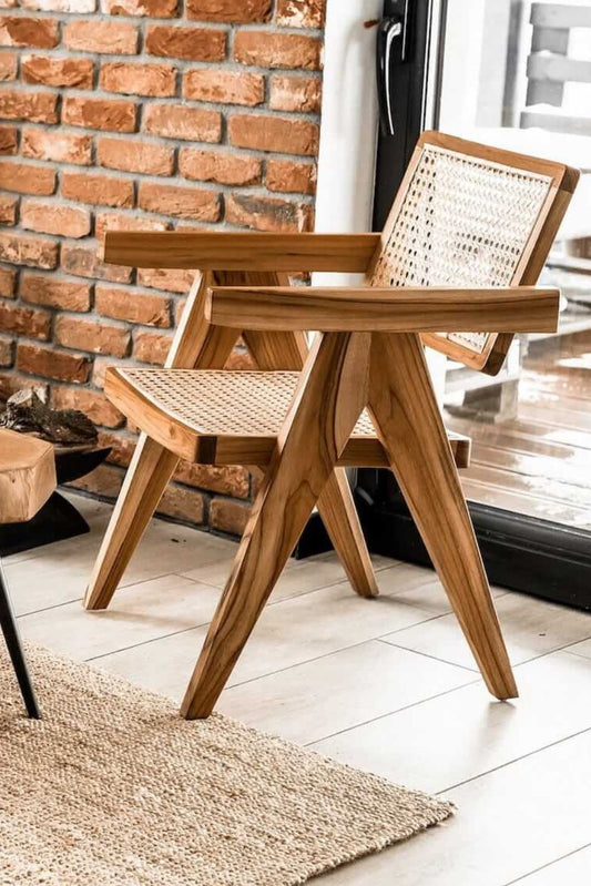 Joy Chair handmade from durable teak wood with woven rattan seat and backrest – stylish eco-friendly dining chair for modern homes.