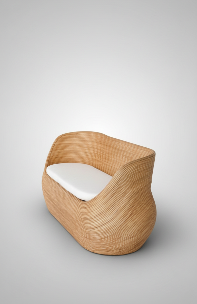 Handmade natural round rattan sofa Tegal with ecru cushions, designed for eco-friendly outdoor living on patios and terraces