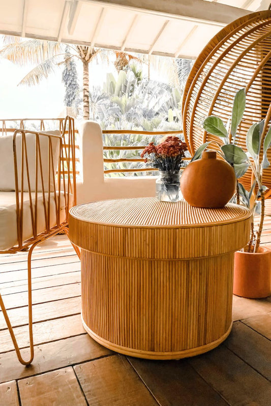 Handmade Round Roco Tegal natural rattan coffee and side table for coastal, boho, and modern interiors