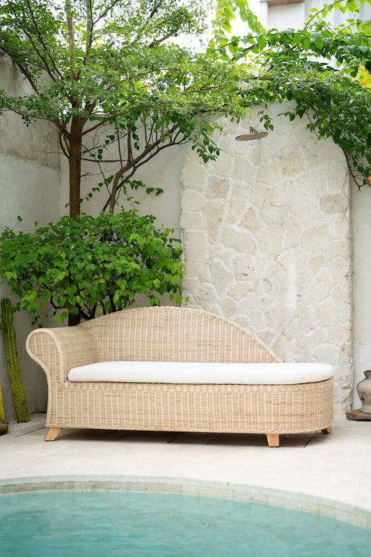 Oriana Collection rattan chaise sofa, handmade modern design, curved streamlined silhouette