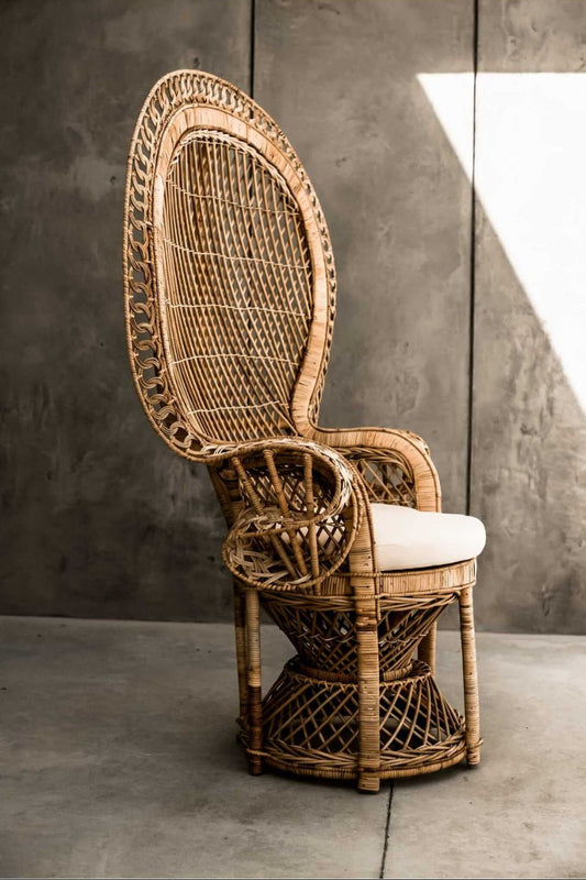 Peacock rattan chair with high back and cream cushion, handcrafted from natural rattan, perfect oversized boho accent for indoor or covered outdoor spaces