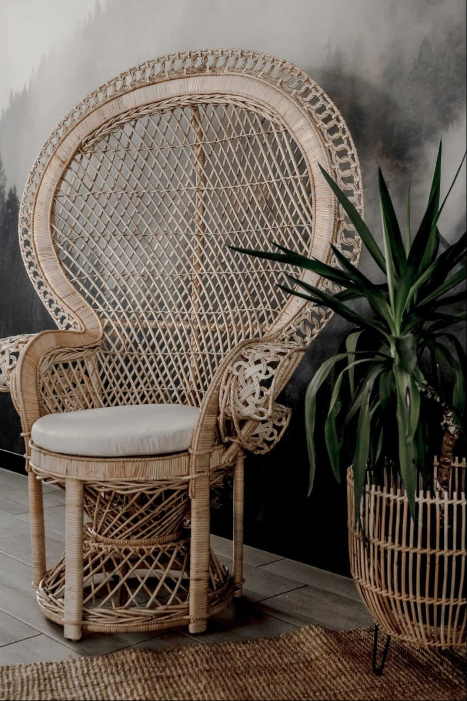 Peacock rattan chair with high back and cream cushion, handcrafted from natural rattan, perfect oversized boho accent for indoor or covered outdoor spaces