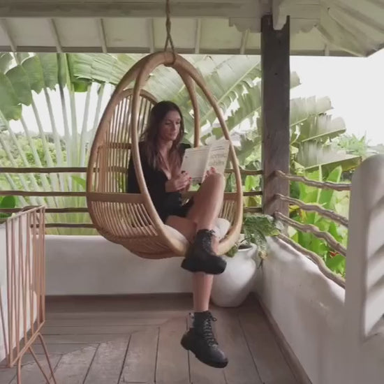 Henry single or double handmade durable natural rattan hanging chair for indoor living rooms, covered terraces, patios, balconies, and outdoor gardens
