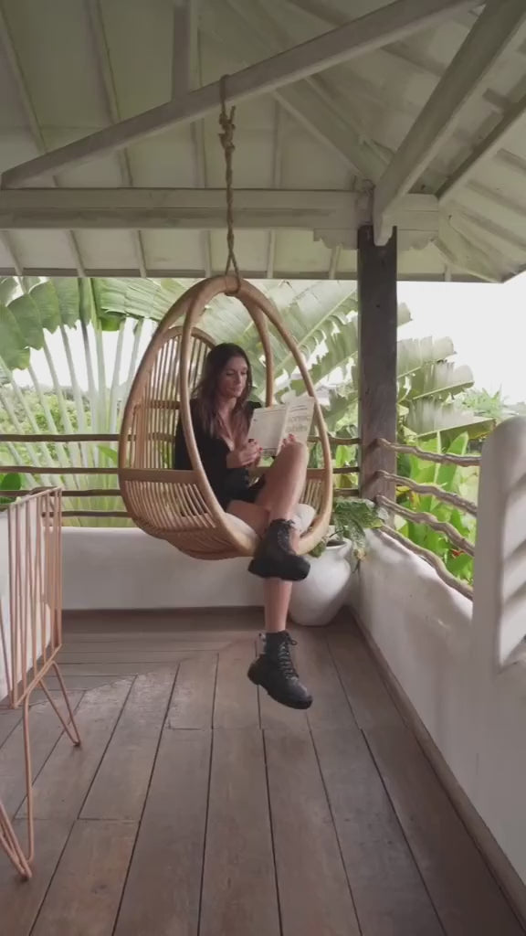 Henry single or double handmade durable natural rattan hanging chair for indoor living rooms, covered terraces, patios, balconies, and outdoor gardens