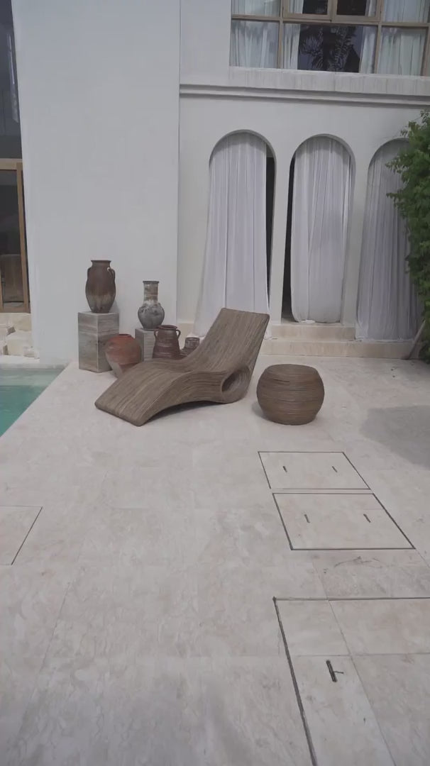 Eco-friendly brown rattan sun lounger - Tegal Camila Orianson sustainable handmade outdoor furniture for poolside and garden