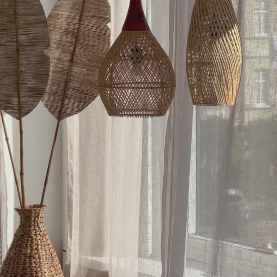 Woody rattan and teak wood handmade lamp in round and rectangular shapes - natural boho lighting