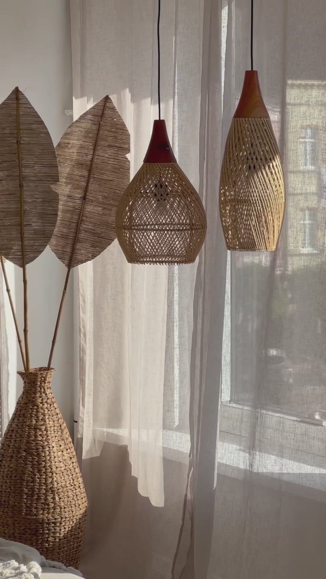 Woody rattan and teak wood handmade lamp in round and rectangular shapes - natural boho lighting