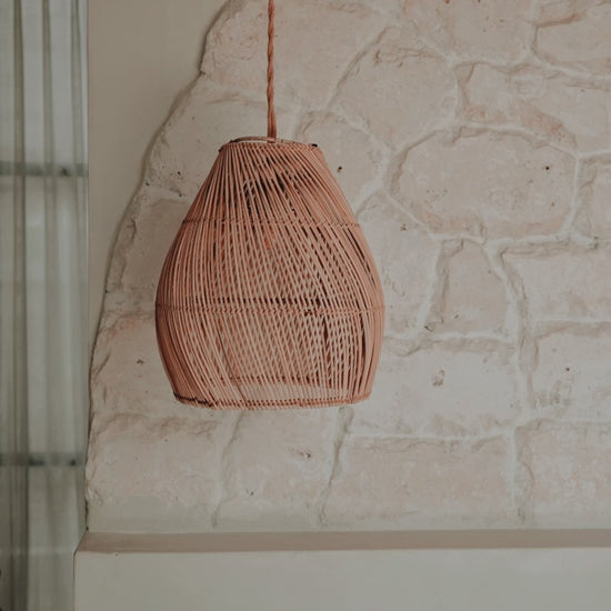 Small Viste rattan hanging lamp with warm natural colour and woven texture, perfect for boho, Scandinavian, or eco-style interiors
