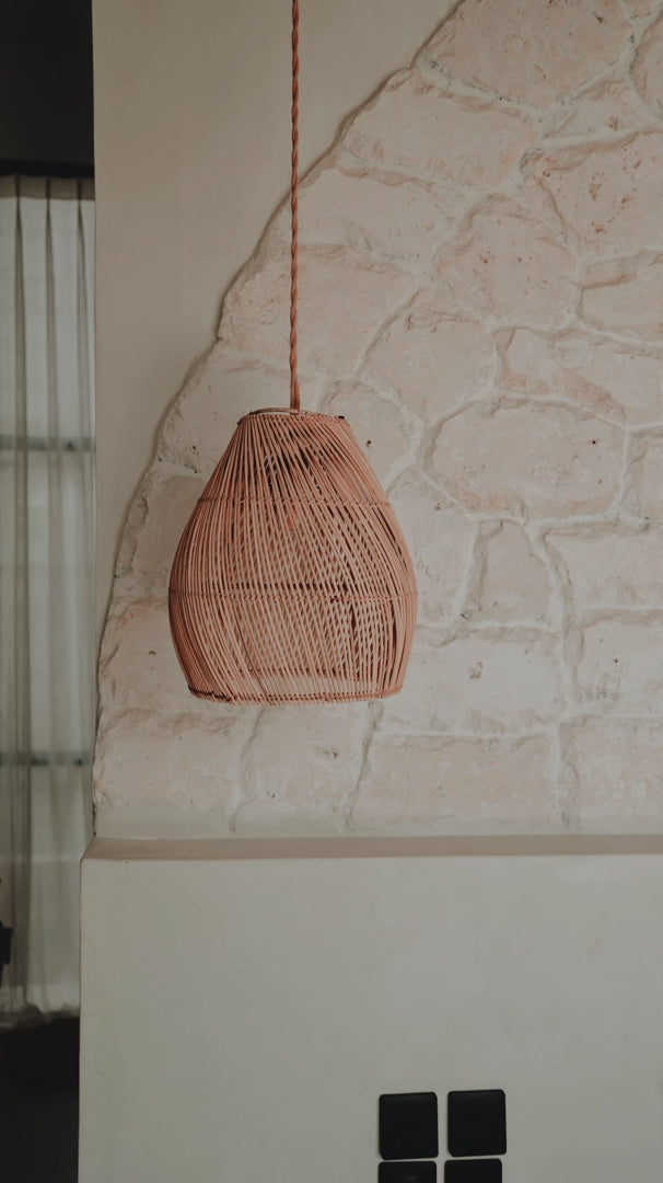 Small Viste rattan hanging lamp with warm natural colour and woven texture, perfect for boho, Scandinavian, or eco-style interiors