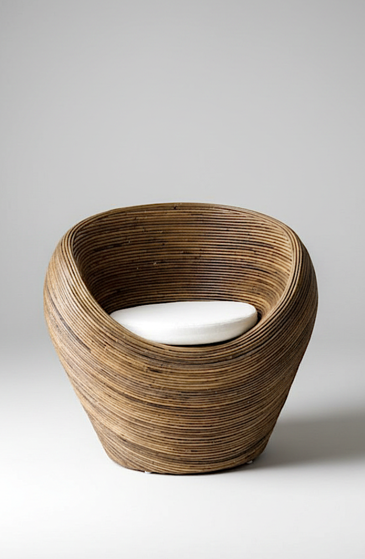 Handmade rattan armchair in dark brown with boho style, perfect for cozy living spaces