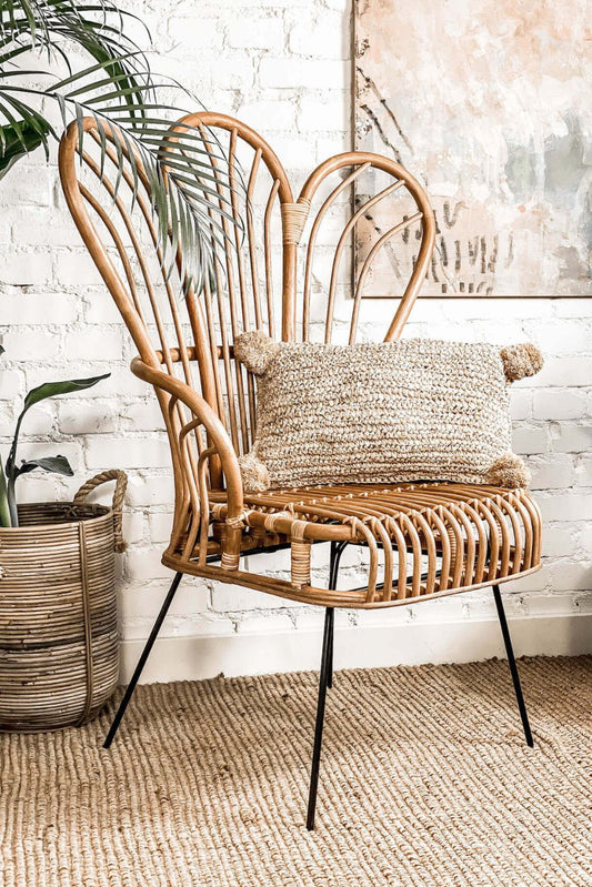 Handcrafted Rattan Lotus Flower Chair with woven rattan design and petal-shaped backrest, ideal for indoor and outdoor bohemian-style living spaces