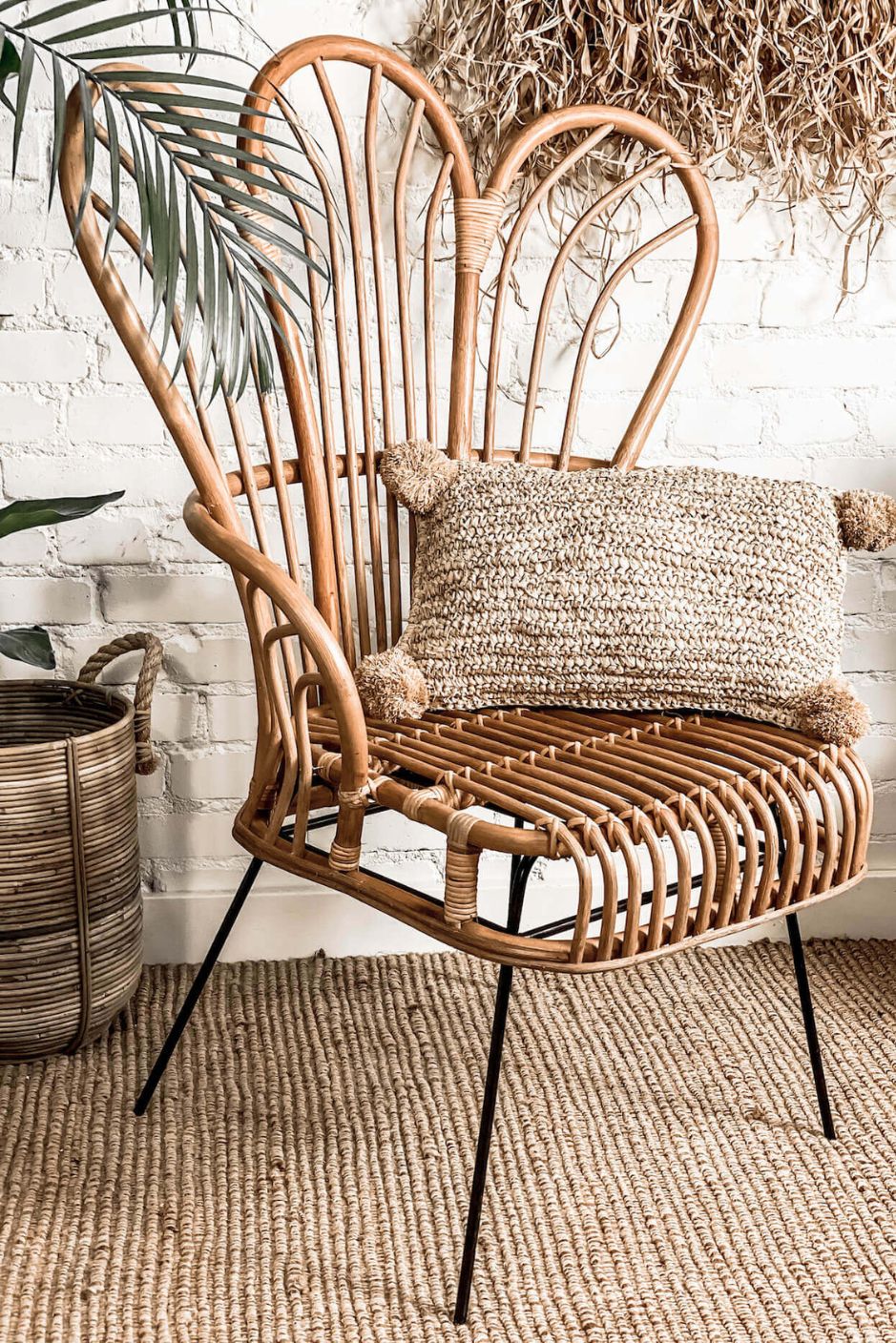 Handcrafted Rattan Lotus Flower Chair with woven rattan design and petal-shaped backrest, ideal for indoor and outdoor bohemian-style living spaces