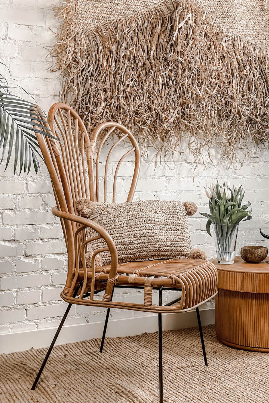 Handcrafted Rattan Lotus Flower Chair with woven rattan design and petal-shaped backrest, ideal for indoor and outdoor bohemian-style living spaces