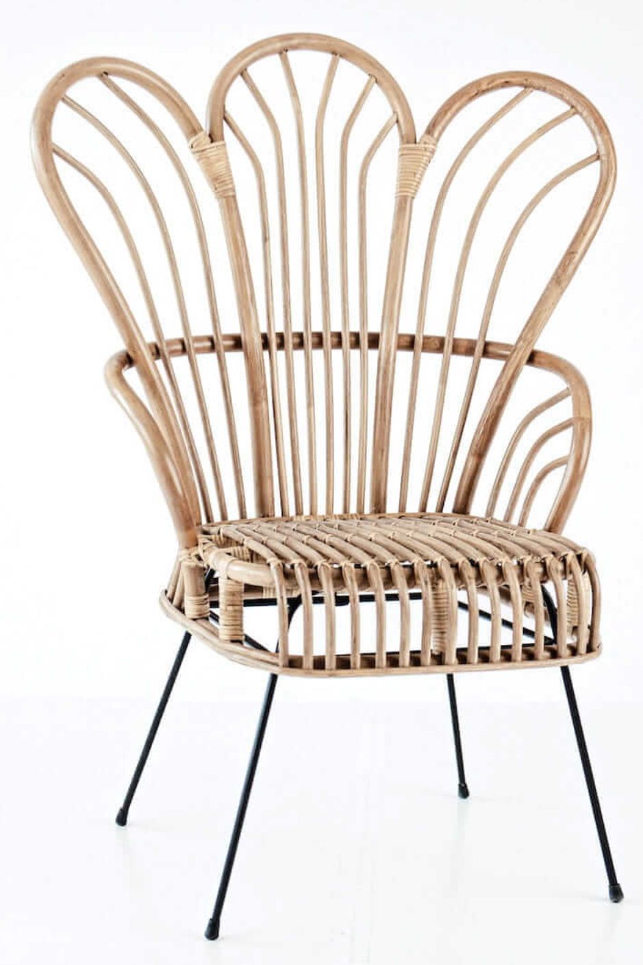 Handcrafted Rattan Lotus Flower Chair with woven rattan design and petal-shaped backrest, ideal for indoor and outdoor bohemian-style living spaces