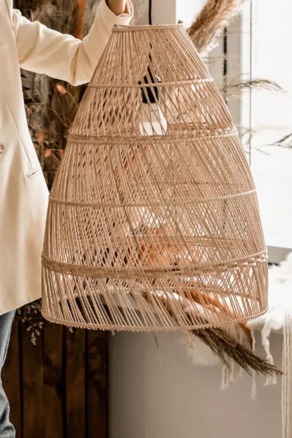 Rollo rattan lamp collection - 3 sizes, handmade natural lights in light brown, hanging or standing