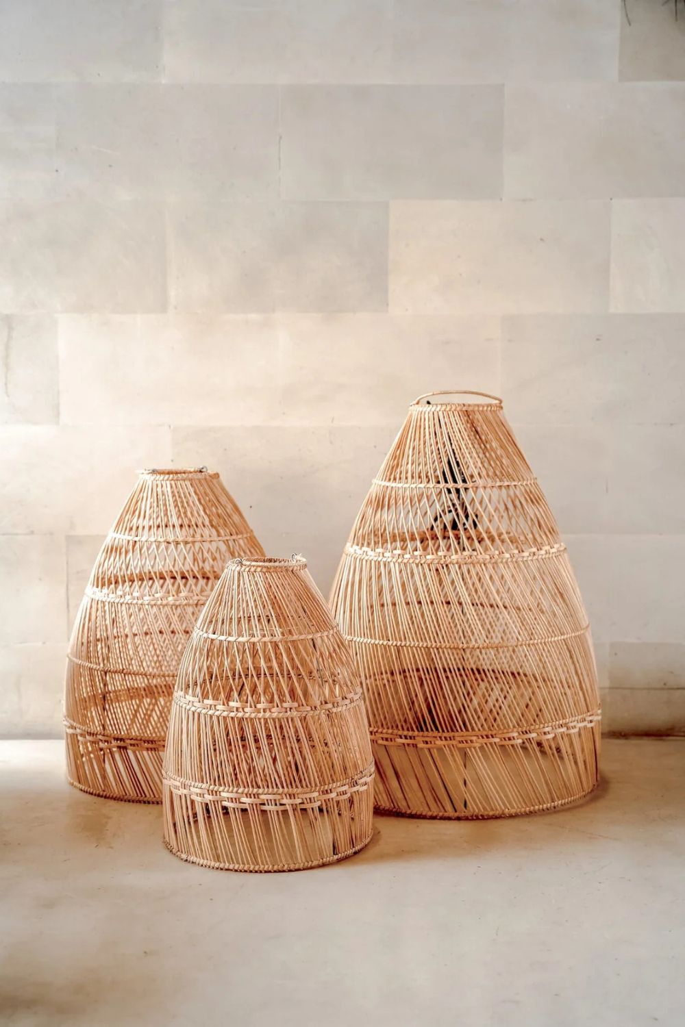 Rollo rattan lamp collection - 3 sizes, handmade natural lights in light brown, hanging or standing