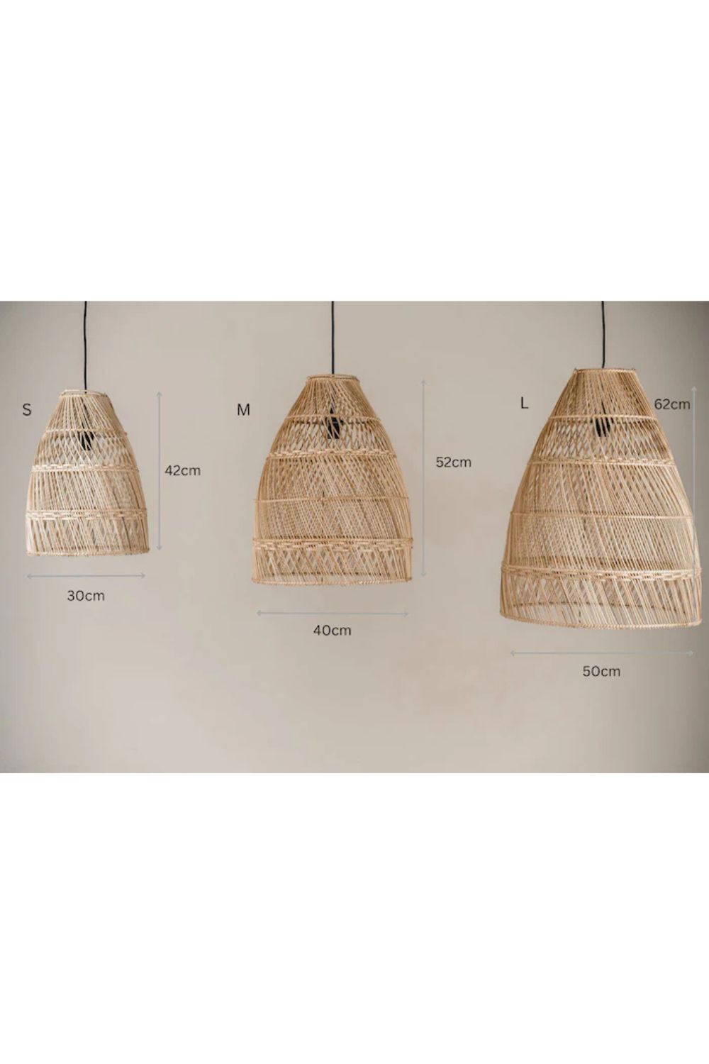 Rollo rattan lamp collection - 3 sizes, handmade natural lights in light brown, hanging or standing